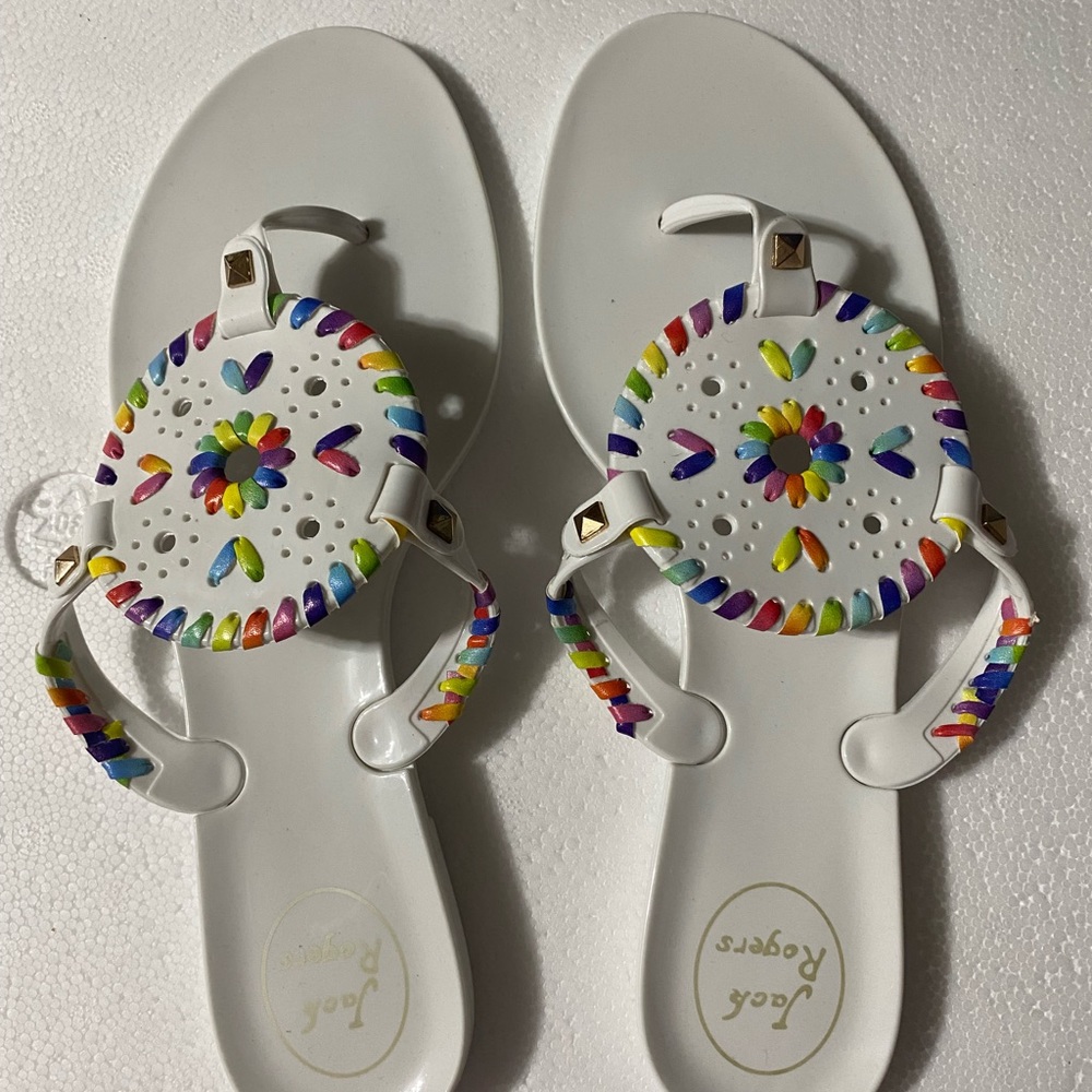 Jack Rogers White Sandals with Rainbow Accents